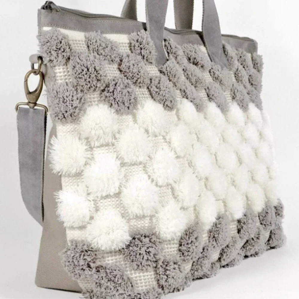 Handwoven Pom Pom Boston Bag - Gray - Picture 2 of 4